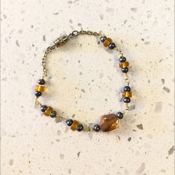 Handmade Beaded Bracelet – Crystal & Pearl Accents, Gold-Tone Chain - Picture 1 of 5